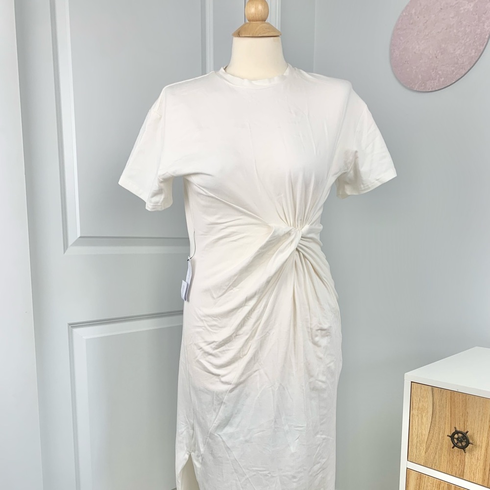 NEW Topshop Size 4 Cream Faux Wrap Midi Dress, Side Slit, Short Sleeve
